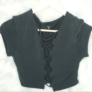 Grey/Blue lace up, crop top.